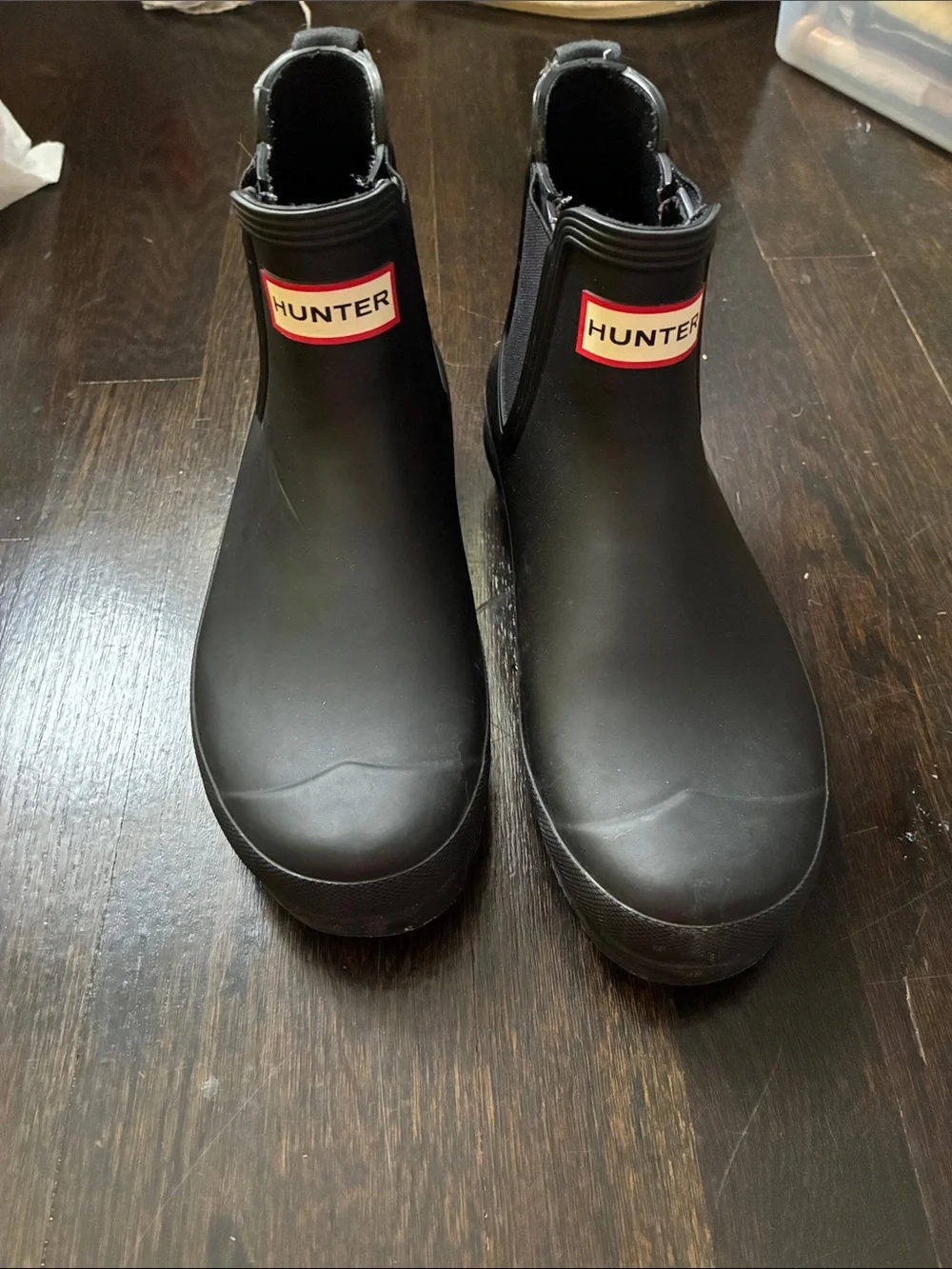 Hunter Black Chelsea Rain Boots with Red Logo
